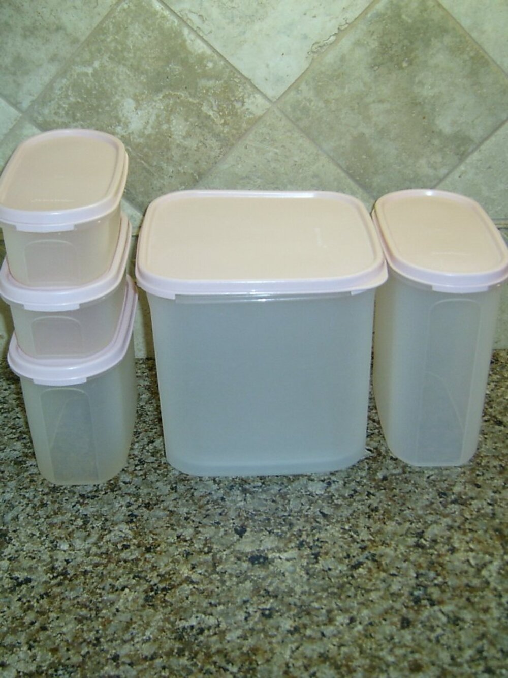 Tupperware Clear Plastic Storage Containers (5), Pink Snap Lids